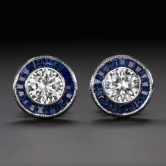 GIA Certified 1.00 Carat G SI2 Round Brilliant Cut Diamond and Sapphire Studs