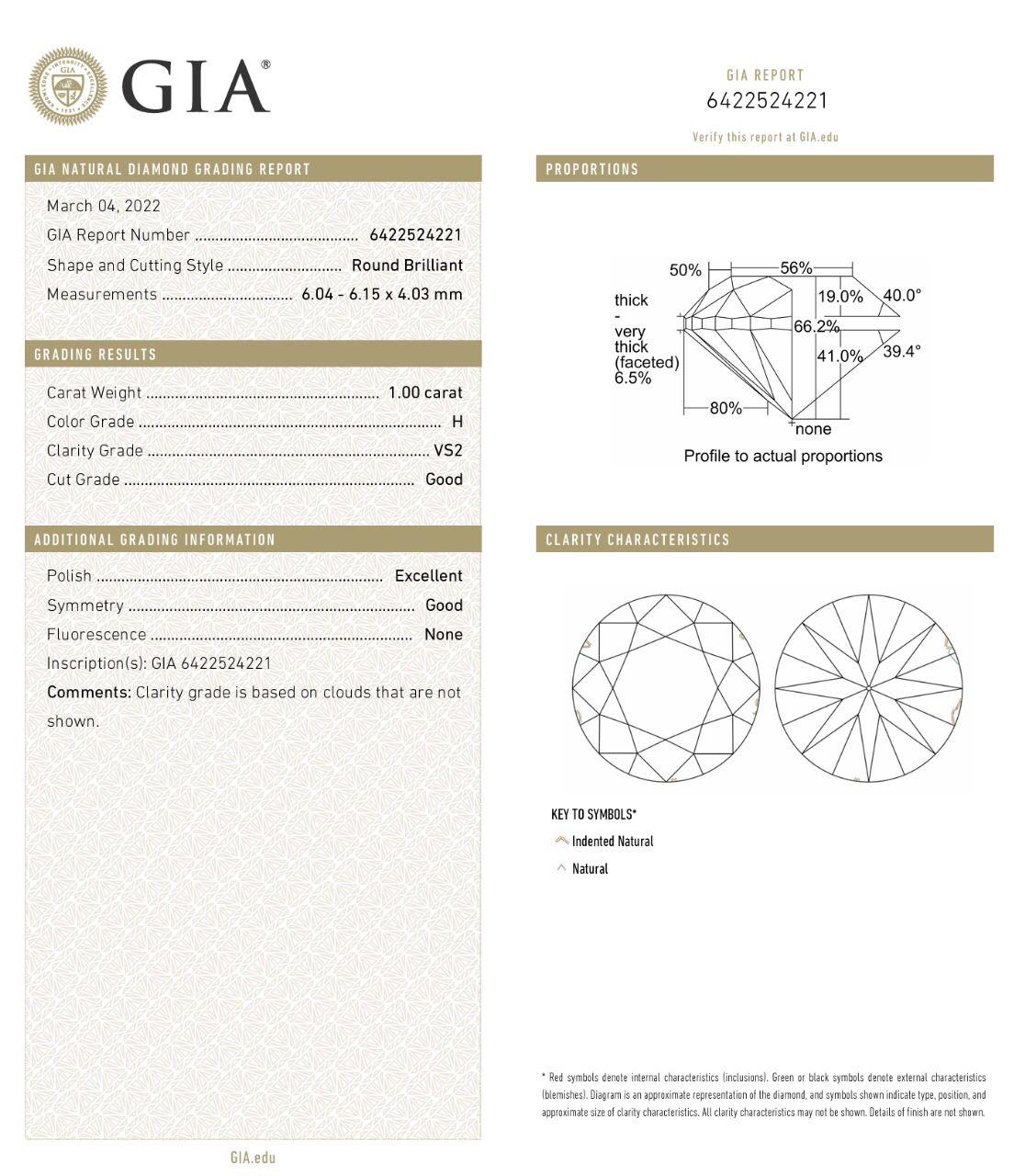 GIA Certified 1.00 Carat H Colour VS2 Clarity Diamond For Sale 3