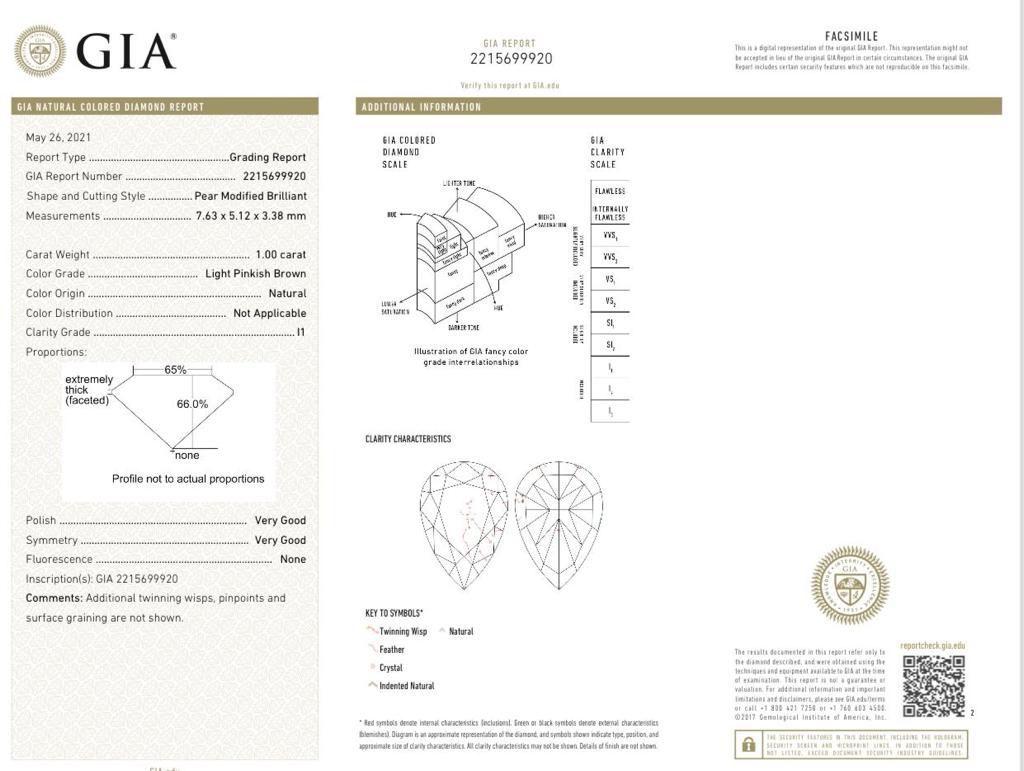 Anello con diamante certificato GIA da 1,00 carati di colore marrone rosato chiaro con purezza I1 in vendita 3