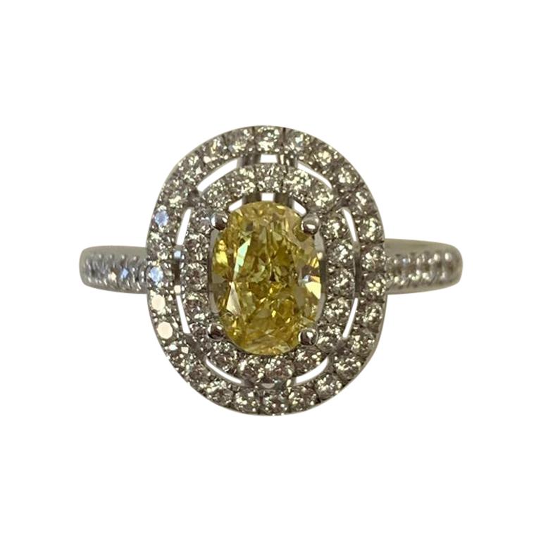 GIA Certified 1.00 Carat Natural Fancy Vivid Yellow Oval Diamond Ring 18K Gold