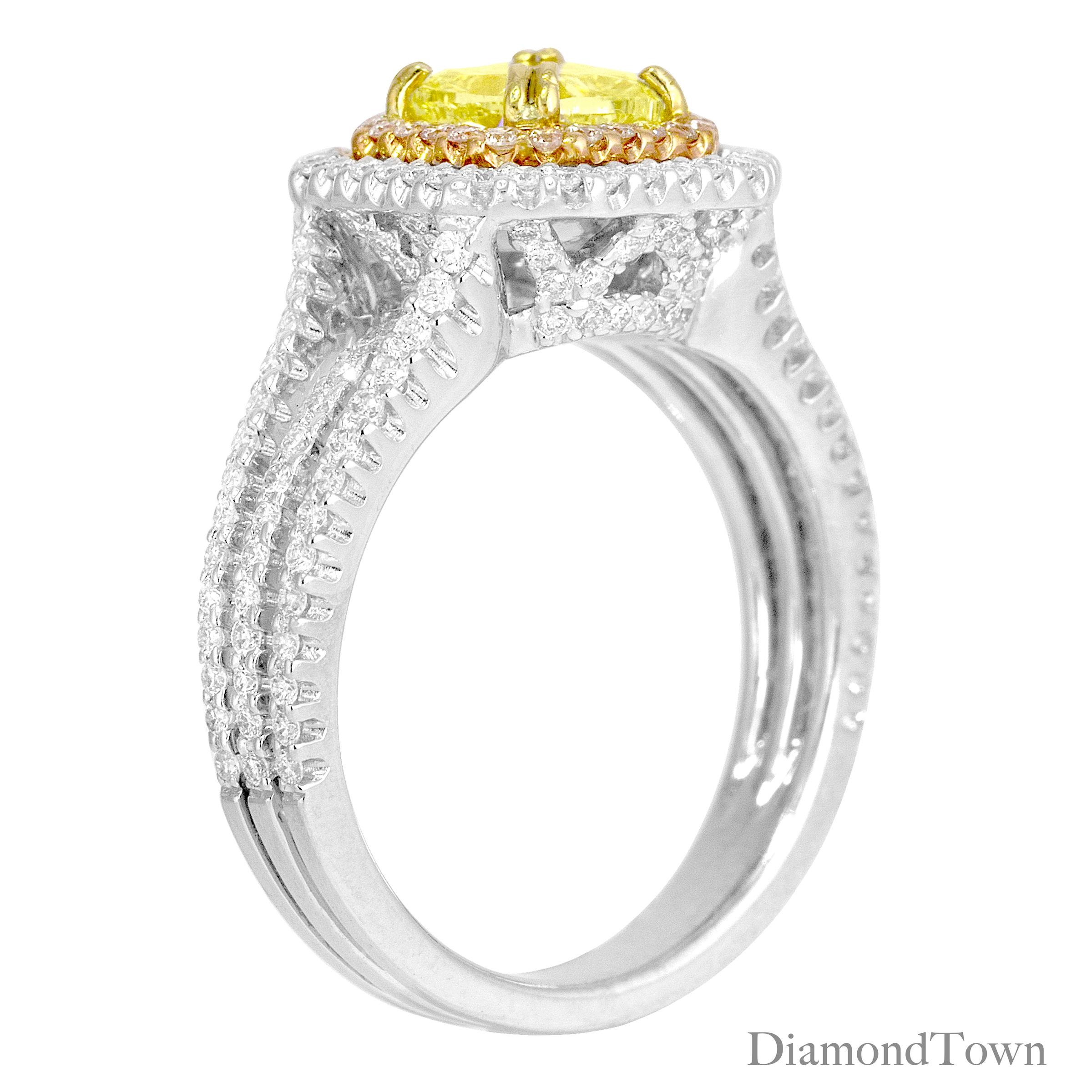 Contemporary DiamondTown GIA Certified 1.00 Carat Natural Fancy Yellow Diamond Halo Ring