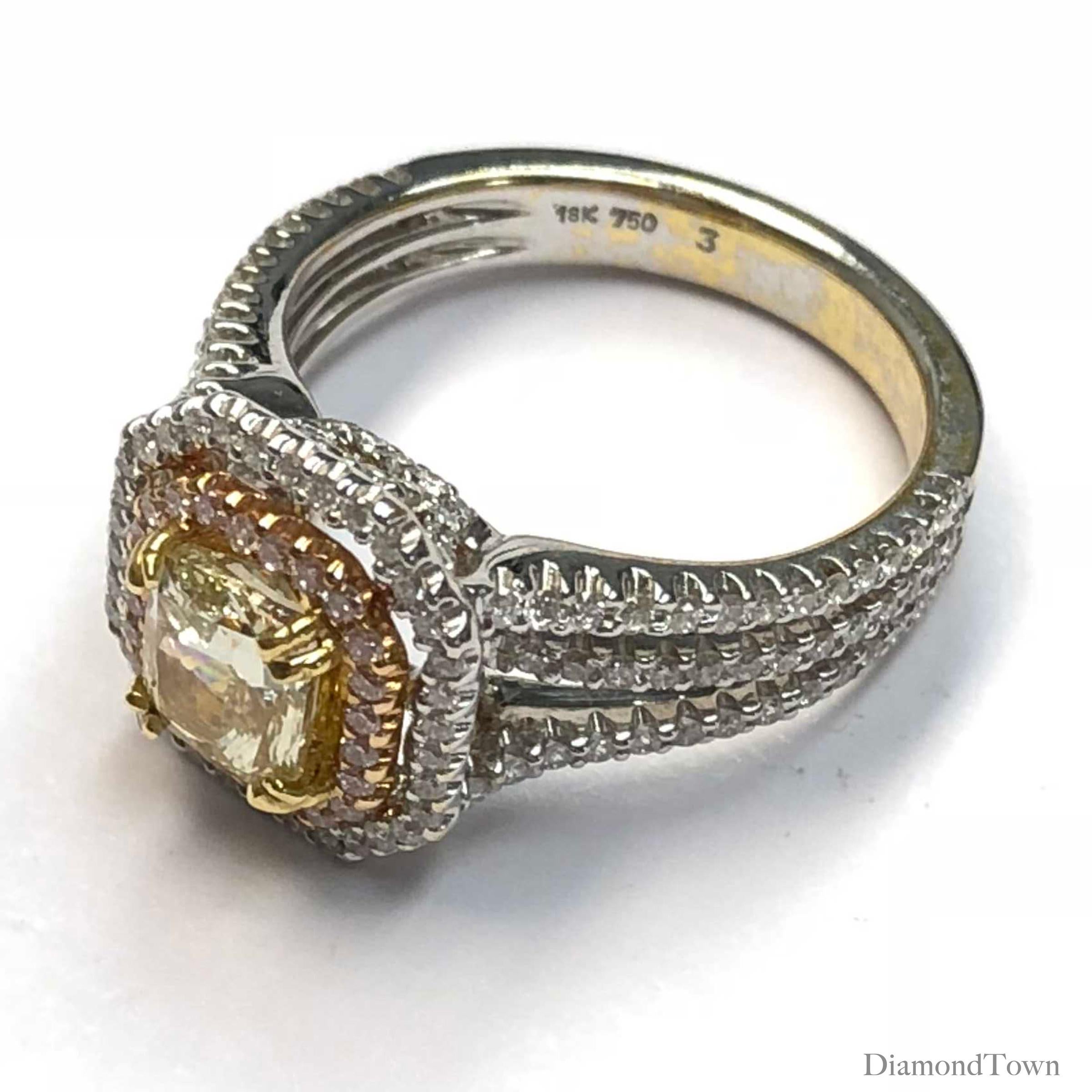 DiamondTown GIA Certified 1.00 Carat Natural Fancy Yellow Diamond Halo Ring (Kissenschliff)