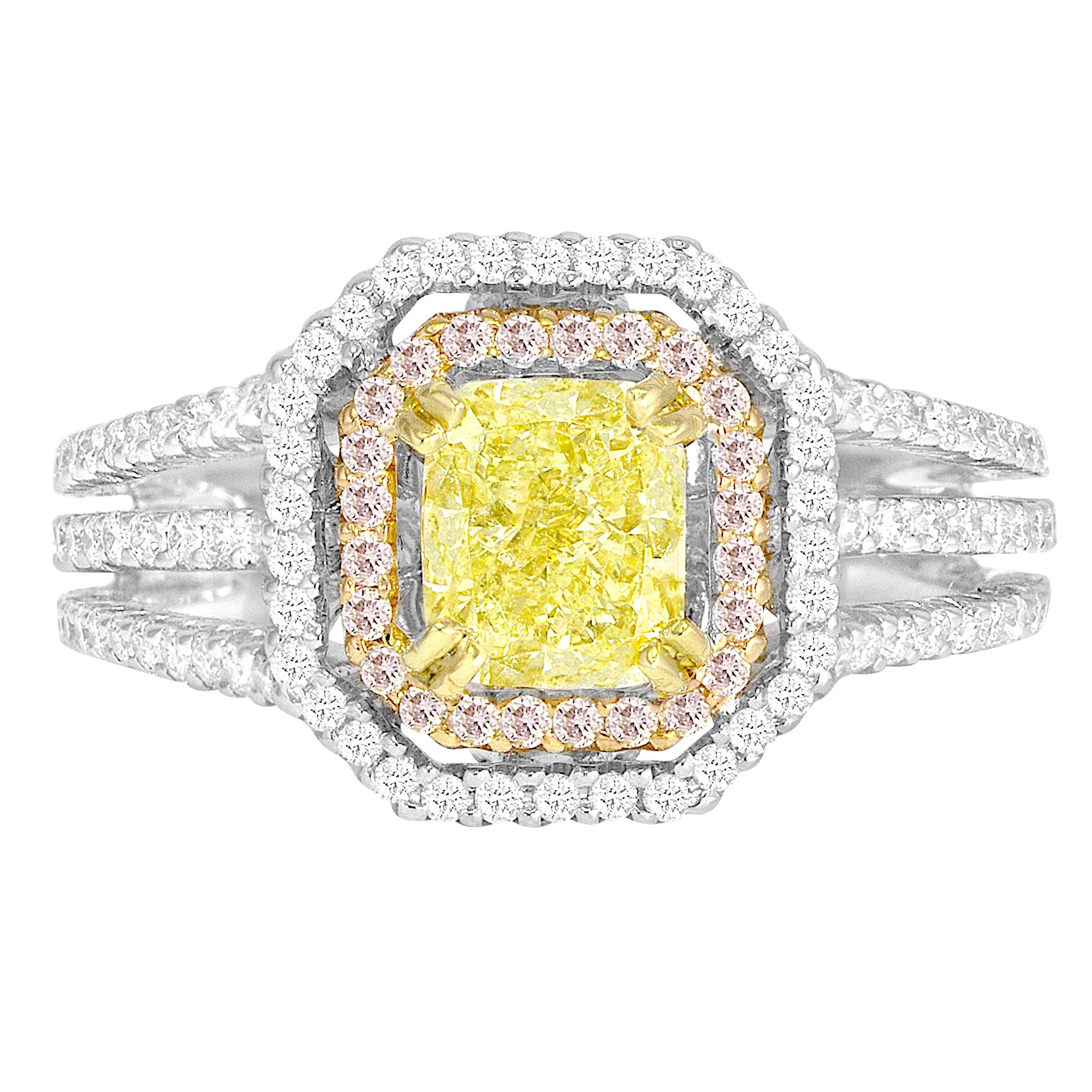 DiamondTown GIA Certified 1.00 Carat Natural Fancy Yellow Diamond Halo Ring