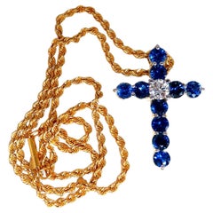 GIA Certified 1.00 Carat Natural Round Diamond Sapphire Cross Necklace 14 Karat*