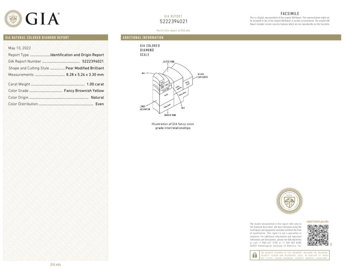 GIA-zertifizierter 1,00 Karat birnenförmiger Brillant-Diamant in Braun und Gelb im Zustand „Neu“ im Angebot in New York, NY