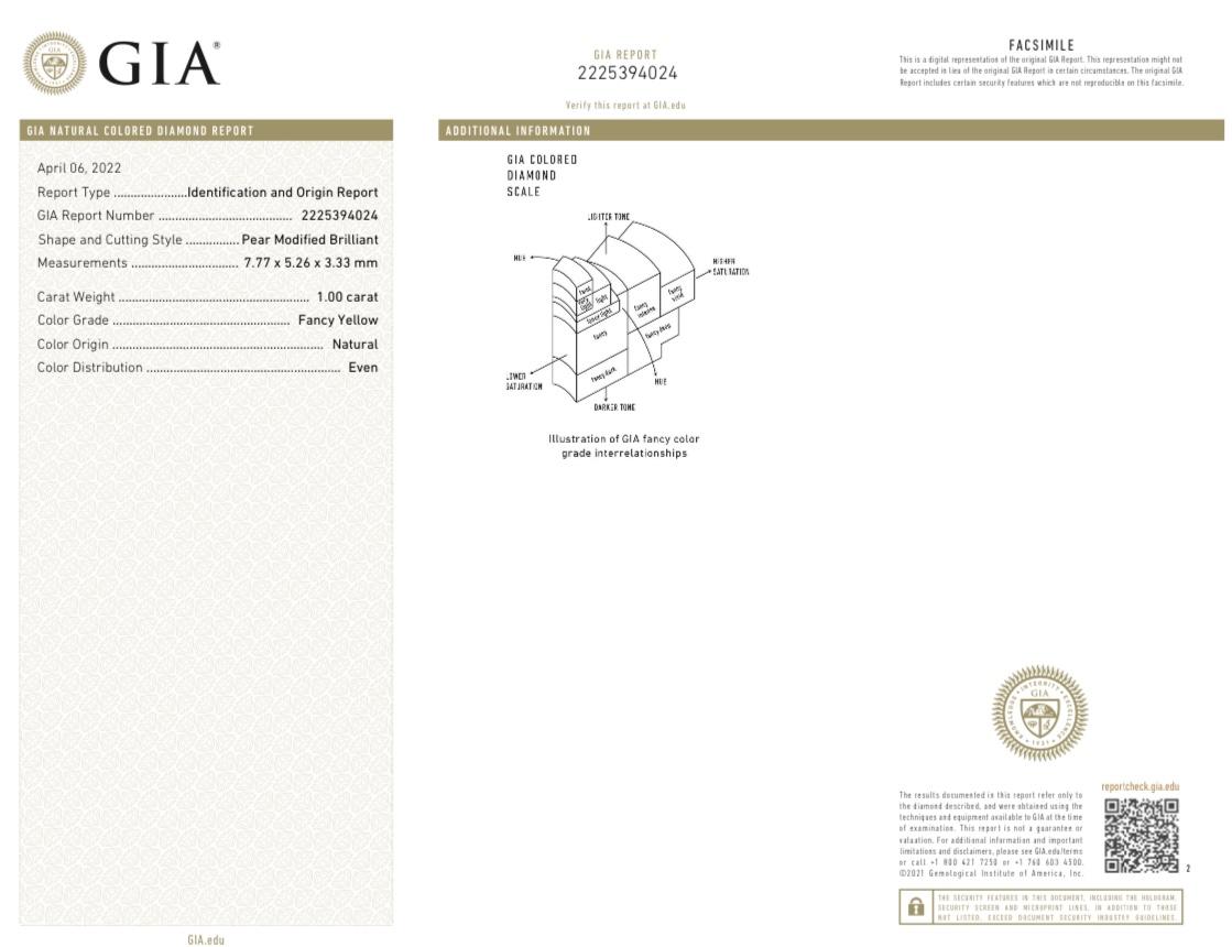 GIA-zertifizierter 1,00 Karat birnenförmiger Brillant Fancy Gelber SI2 natürlicher Diamant im Zustand „Neu“ im Angebot in New York, NY