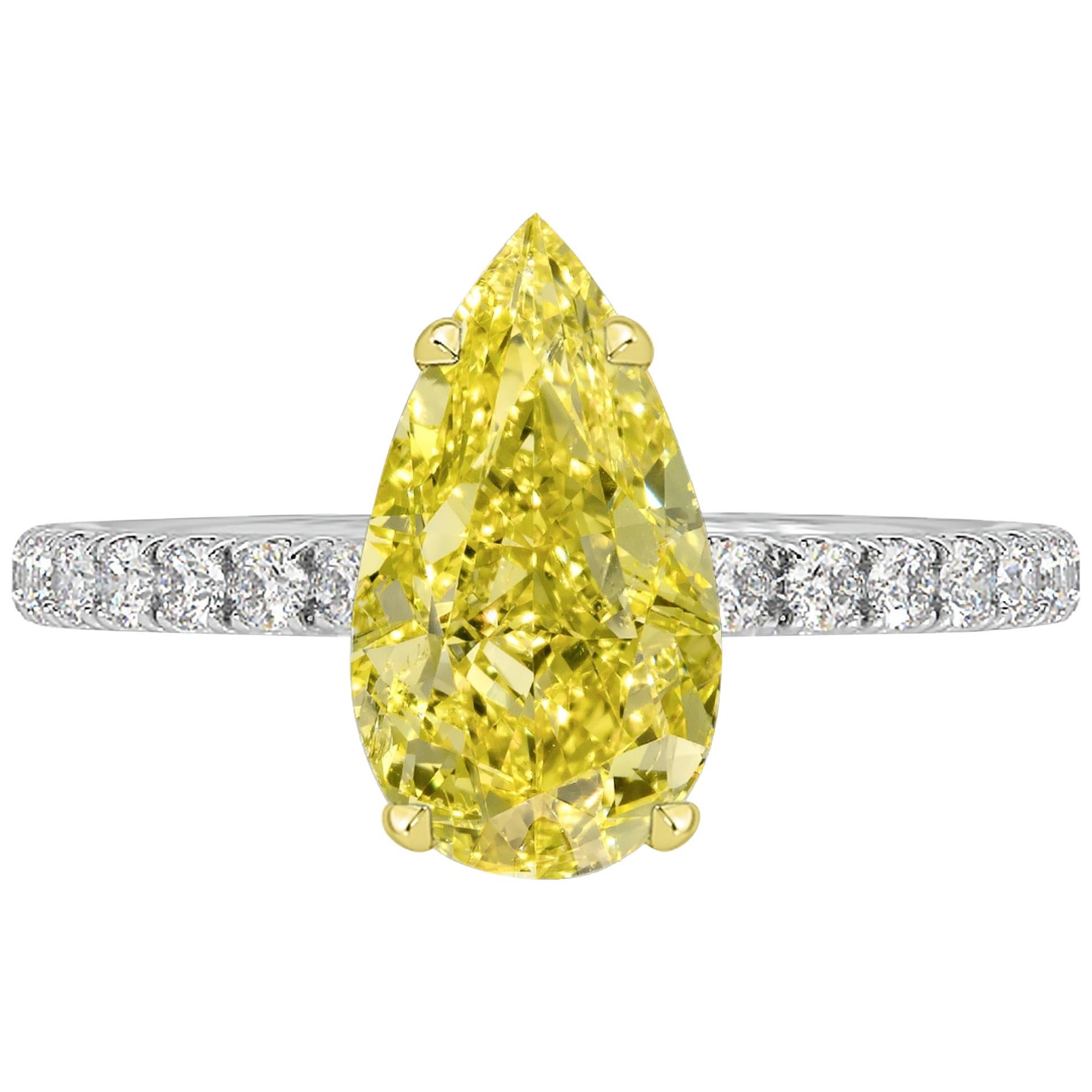 GIA Certified 1.00 Carat Pear Shape Fancy Vivid Yellow Diamond Ring For Sale