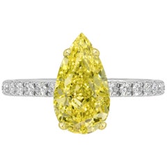 GIA Certified 1.00 Carat Pear Shape Fancy Vivid Yellow Diamond Ring