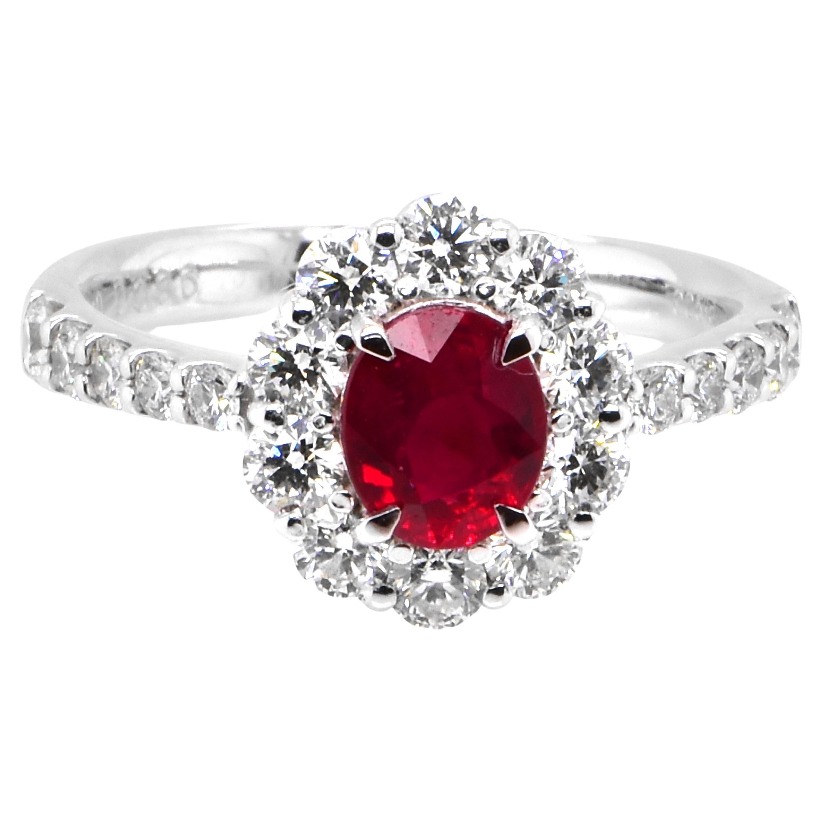 GIA Certified 1.00 Carat, Pigeon Blood Red, Burmese Ruby Ring Made in Platinum For Sale
