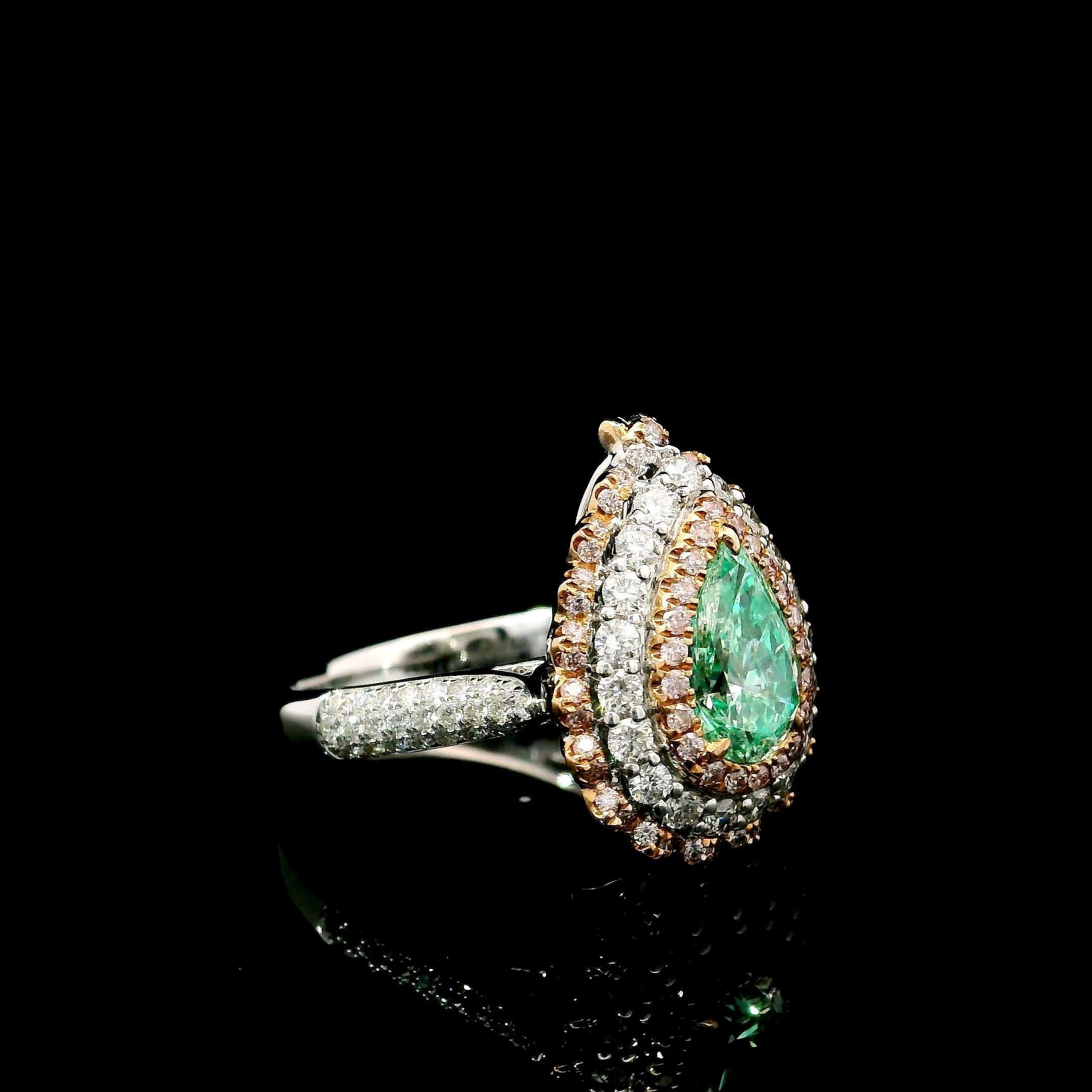 Pear Cut GIA Certified 1.00 Carat Very Light Green Yellow SI1 Clarity Diamond Ring For Sale