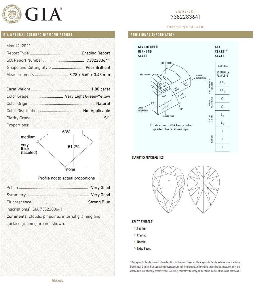 GIA Certified 1.00 Carat Very Light Green Yellow SI1 Clarity Diamond Ring For Sale 3
