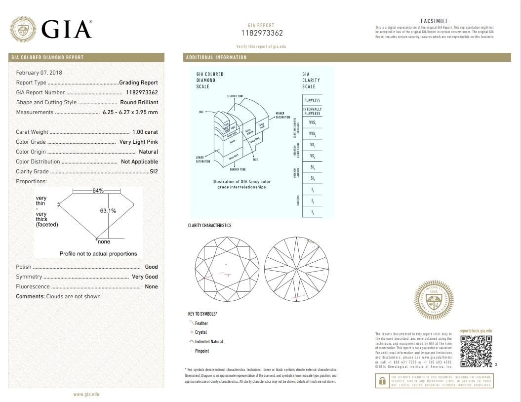 GIA Certified 1.00 Carat Very Light Pink SI2 Clarity Diamond For Sale 1