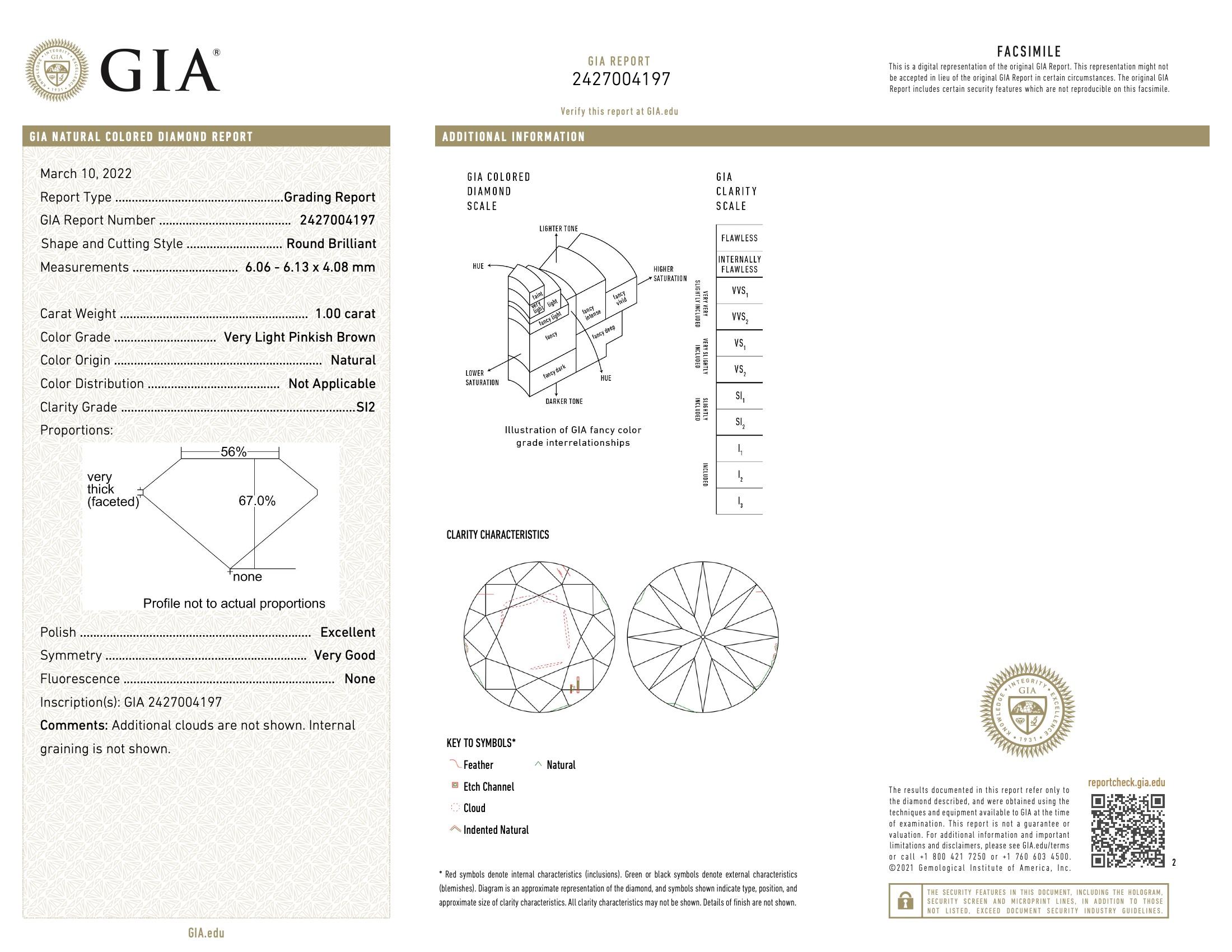 GIA Certified 1.00 Carat Very Light Pinkish Brown SI2 Clarity Diamond For Sale 2