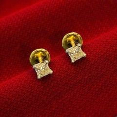 GIA Certified 1.00 Ct D/VVS2 Princess Cut Diamonds Stud Earrings 14K Yellow Gold