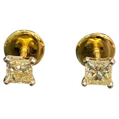 GIA Certified 1.00 Ct D/VVS2 Princess Cut Diamonds Stud Earrings 14K Yellow Gold