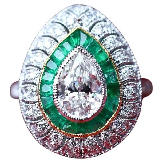 GIA Certificado 1.00 Ct Diamante Forma de Pera Esmeraldas Diamantes Anillo de Oro de 18K