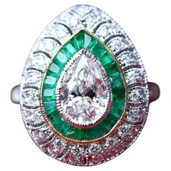 GIA Certified 1.00 Ct Pear Shape Diamond Emeralds Diamonds 18K Gold Ring