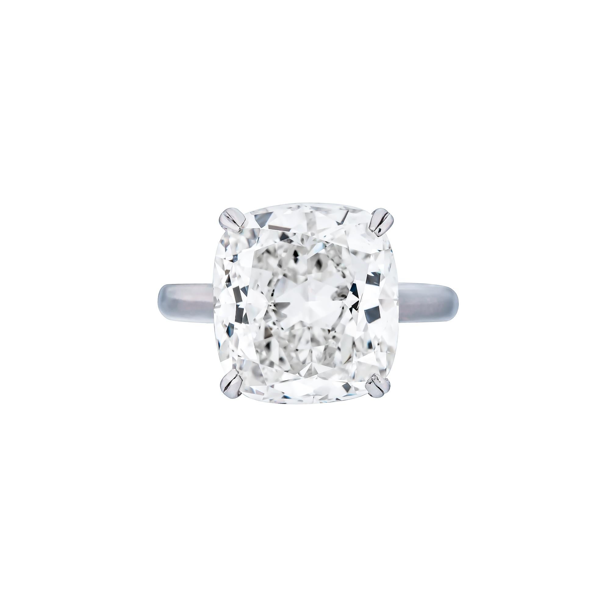 This extraordinary GIA Certified 10.01 Carat H/VS2 Cushion Cut Diamond. measurements 13.45 x 12.36 x 7.53 mm GIA certificate number 2191659168 is set into a hand made platinum mounting designed by Shreve, Crump & Low. circa 2019