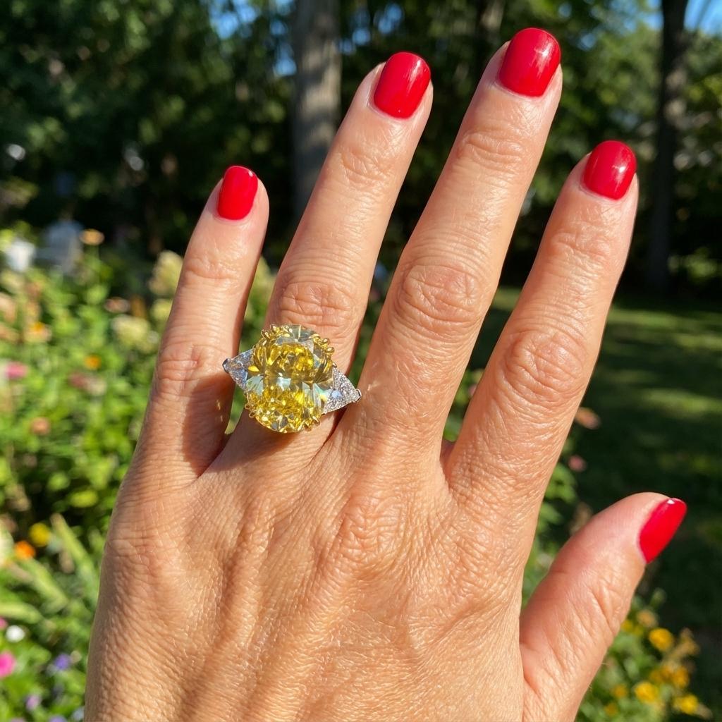 Bague à diamant ovale certifié GIA 10,02 carats jaune fantaisie VS2 Neuf - En vente à Chicago, IL