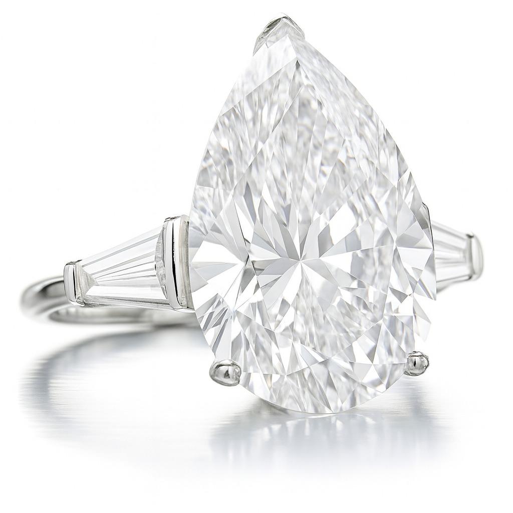 Bague en diamant poire brillant certifié GIA de 10,02 carats avec baguettes effilées en platine

Un magnifique diamant poire brillant de 10,02 carats, certifié GIA, de couleur G et de pureté VVS1, d'une transparence et d'une brillance