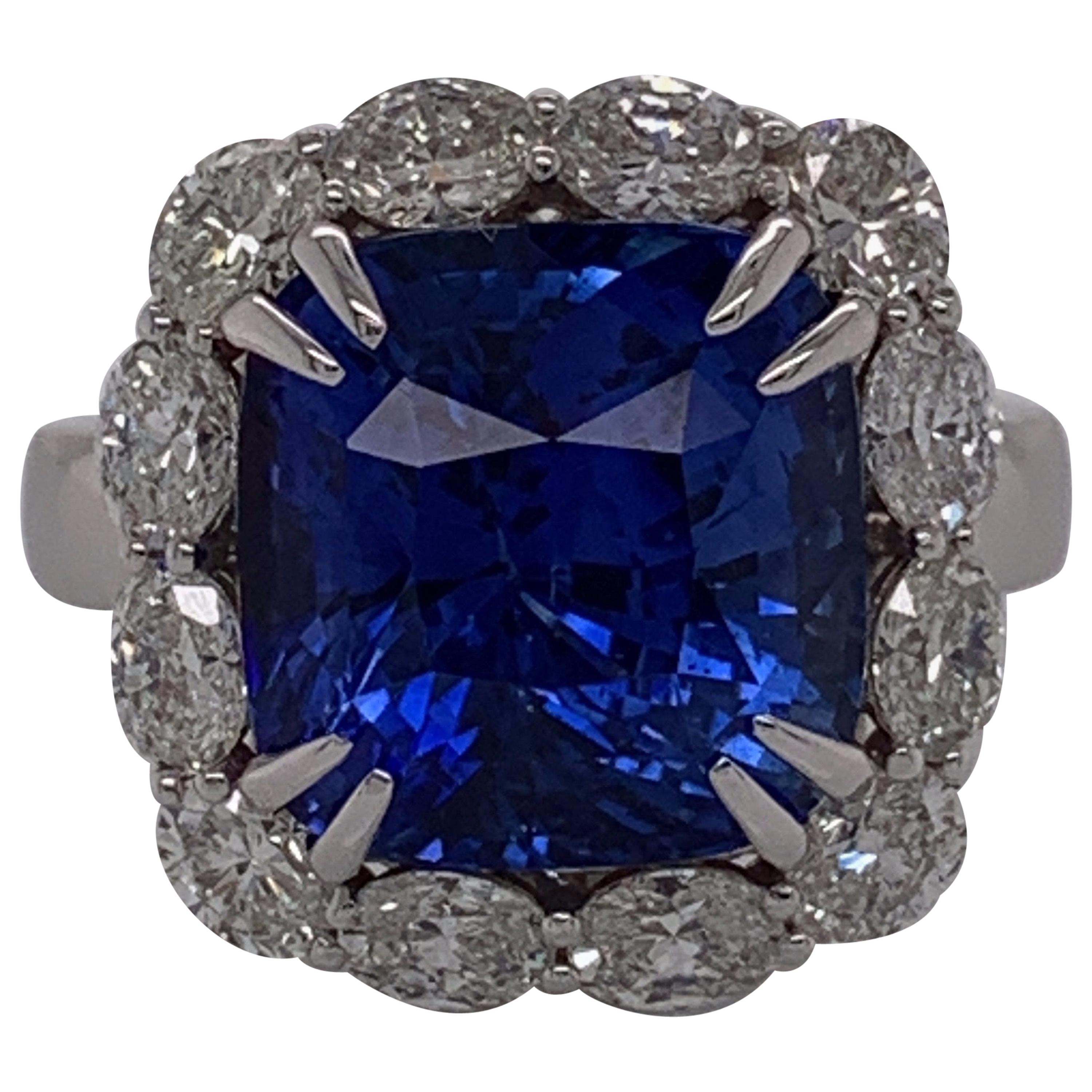 GIA Certified 10.03 Carat Blue Sapphire and Diamond Halo Ring