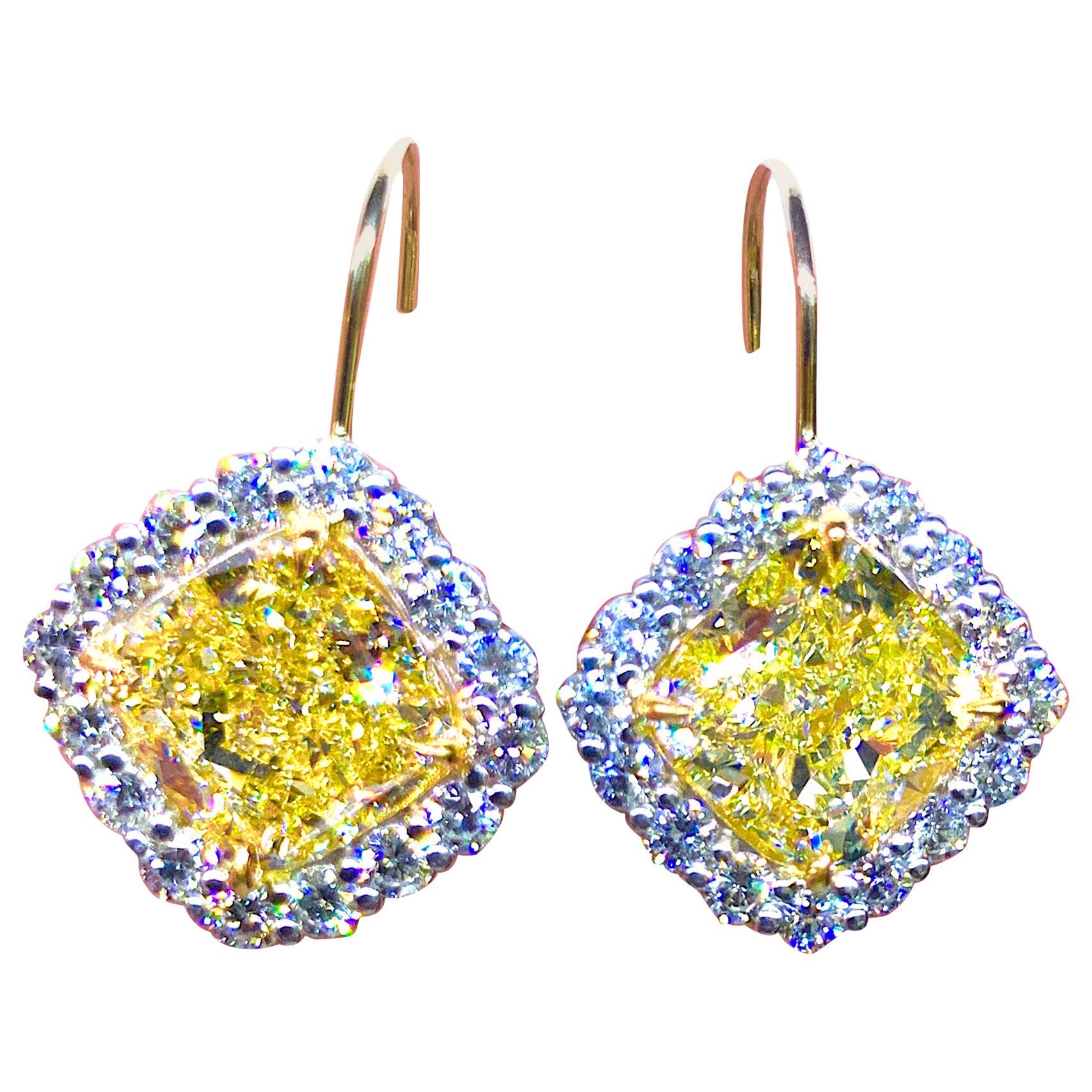 GIA Certified 10.03 Carat Fancy Yellow Diamond Cushion Cut Drop Earrings