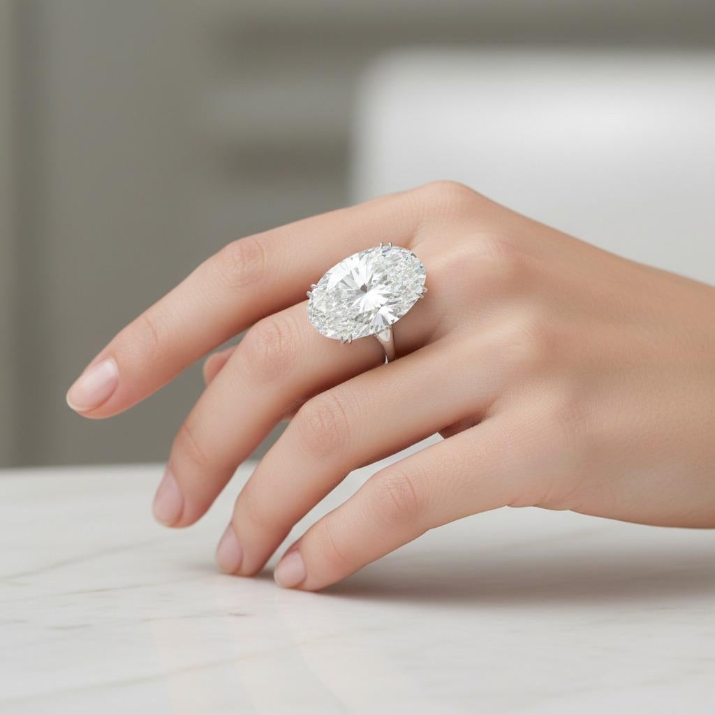 GIA-zertifizierter 10,04 Karat F Farbe VS2 Ovaler Brillant-Diamantring in Platin mit konischen Baguetten

Dieser außergewöhnliche Ring präsentiert einen GIA-zertifizierten ovalen Brillanten von 10,04 Karat, der von klassischen, spitz zulaufenden