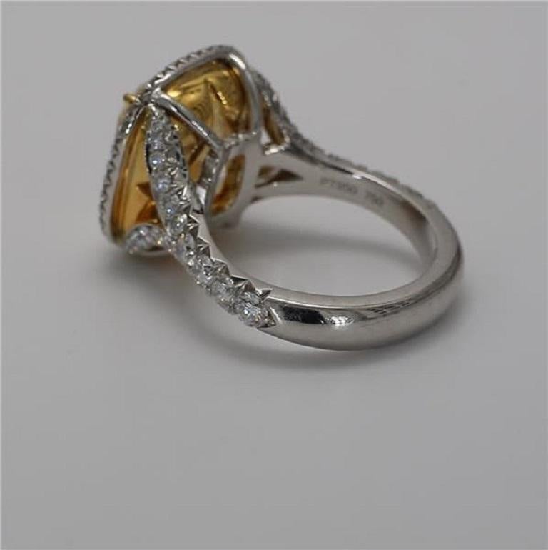 Contemporary GIA Certified 10.04 Carat Fancy Yellow VS2 Cushion Cut Halo Platinum Ring