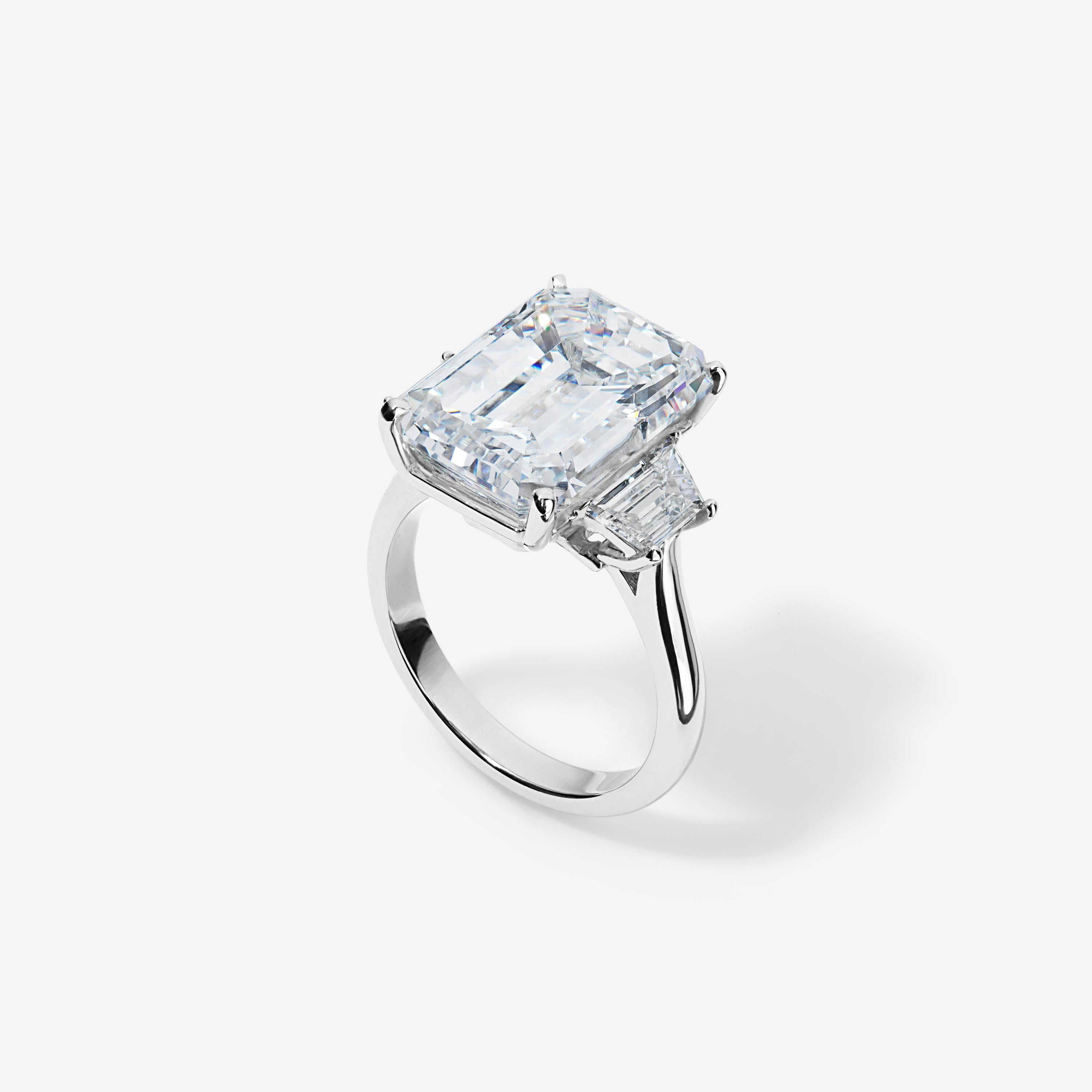 Contemporary GIA Certified 10.05 Carat F VS1 Emerald Diamond Three Stone Ring For Sale