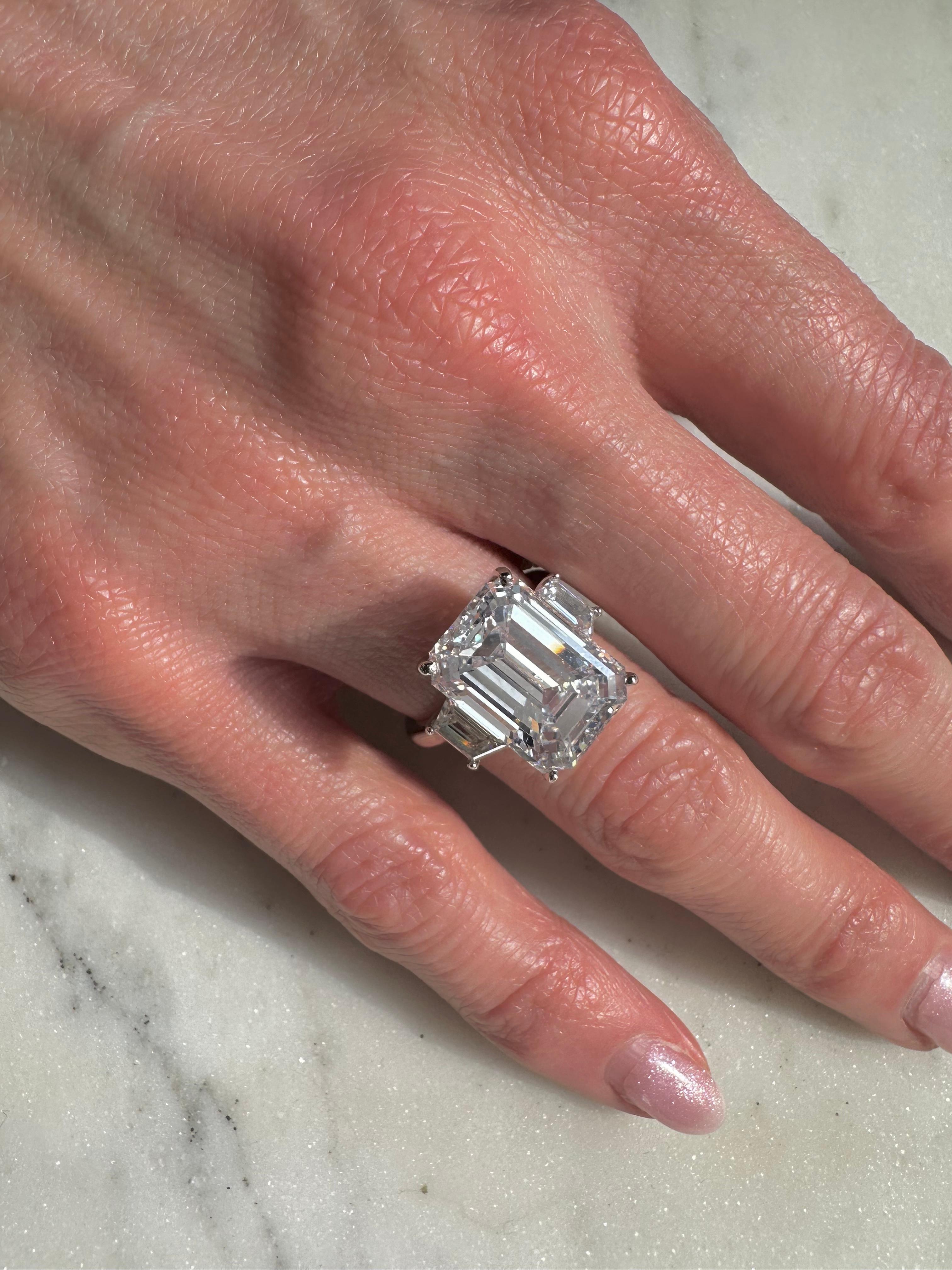 Emerald Cut GIA Certified 10.05 Carat F VS1 Emerald Diamond Three Stone Ring For Sale
