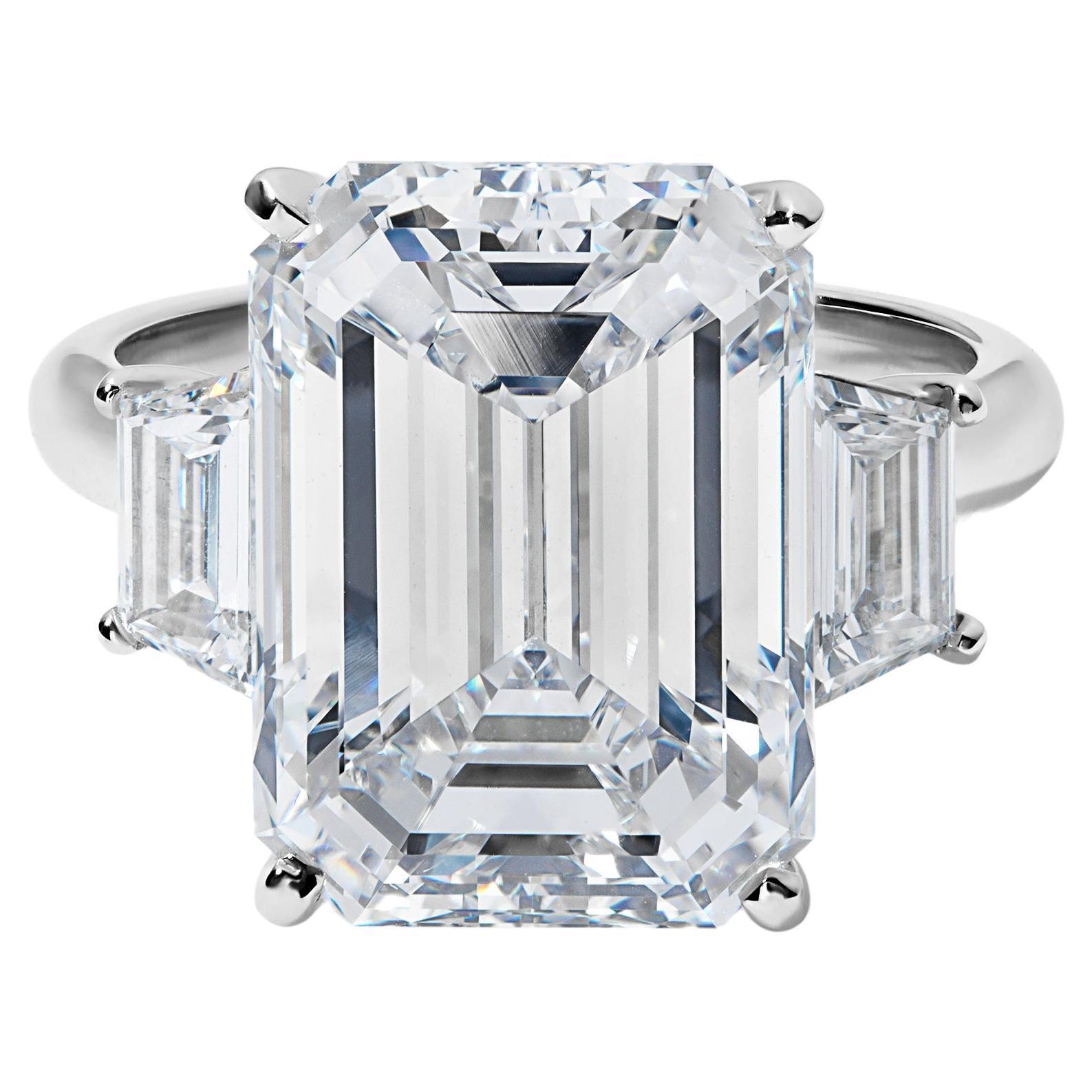GIA Certified 10.05 Carat F VS1 Emerald Diamond Three Stone Ring For Sale