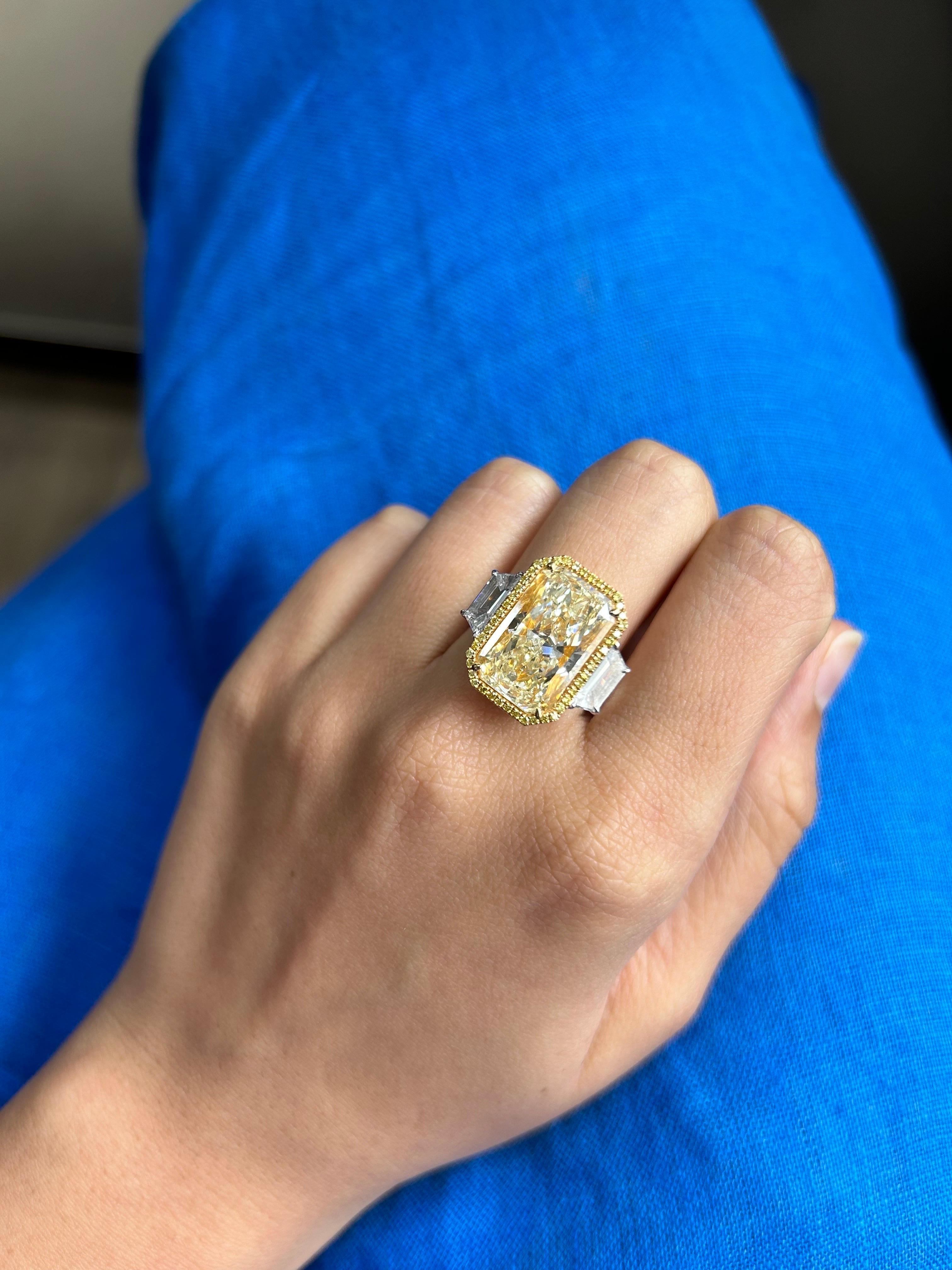 Women's GIA Certified 10.05 Carat Radiant Cut Yellow Diamond Three Stone Ring 