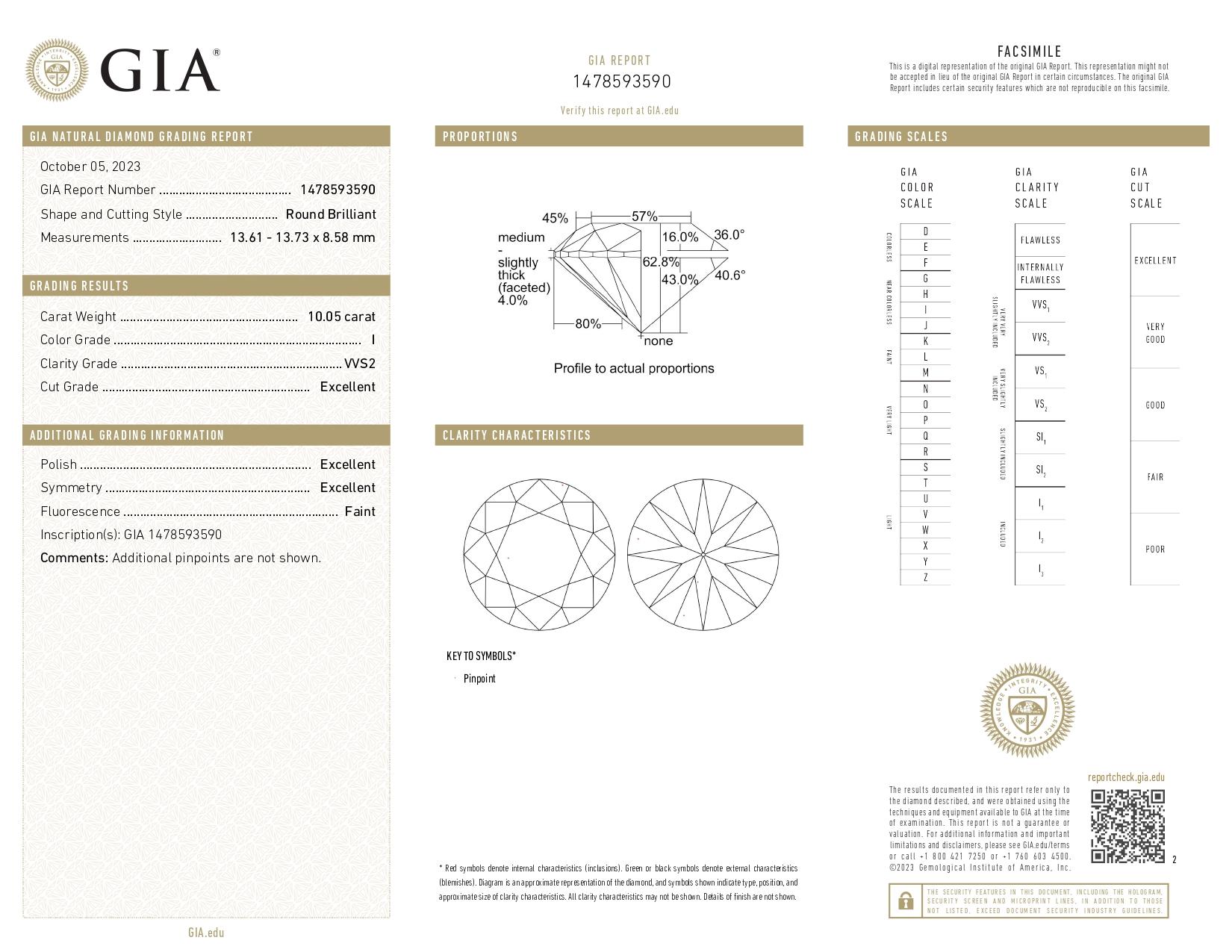 Round Cut GIA Certified 10.05 Carat Round Triple Excellent Cut Diamond in Platinum For Sale