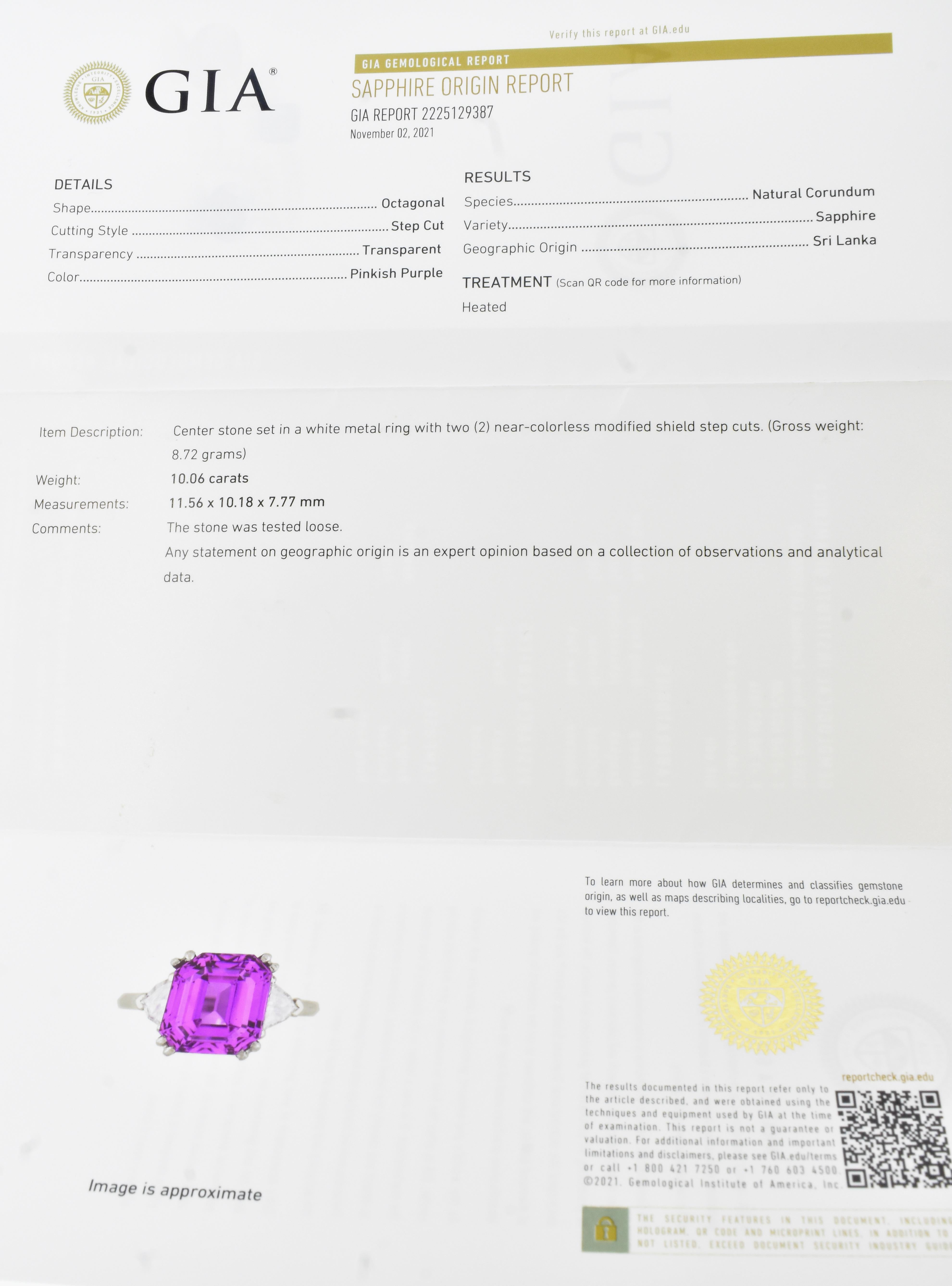 GIA Graded 10.06ct Ceylon Pinkish Purple Sapphire & White Diamond Ring, 1935 For Sale 2