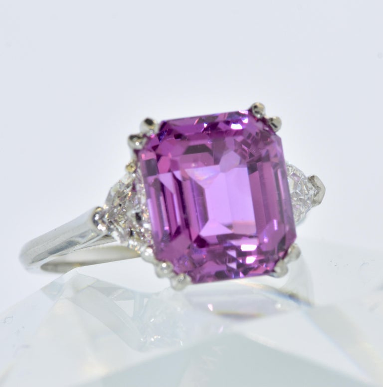Emerald Cut GIA Certified 10.06 Ct Ceylon Pinkish Purple Sapphire & White Diamond Ring, 1935 For Sale