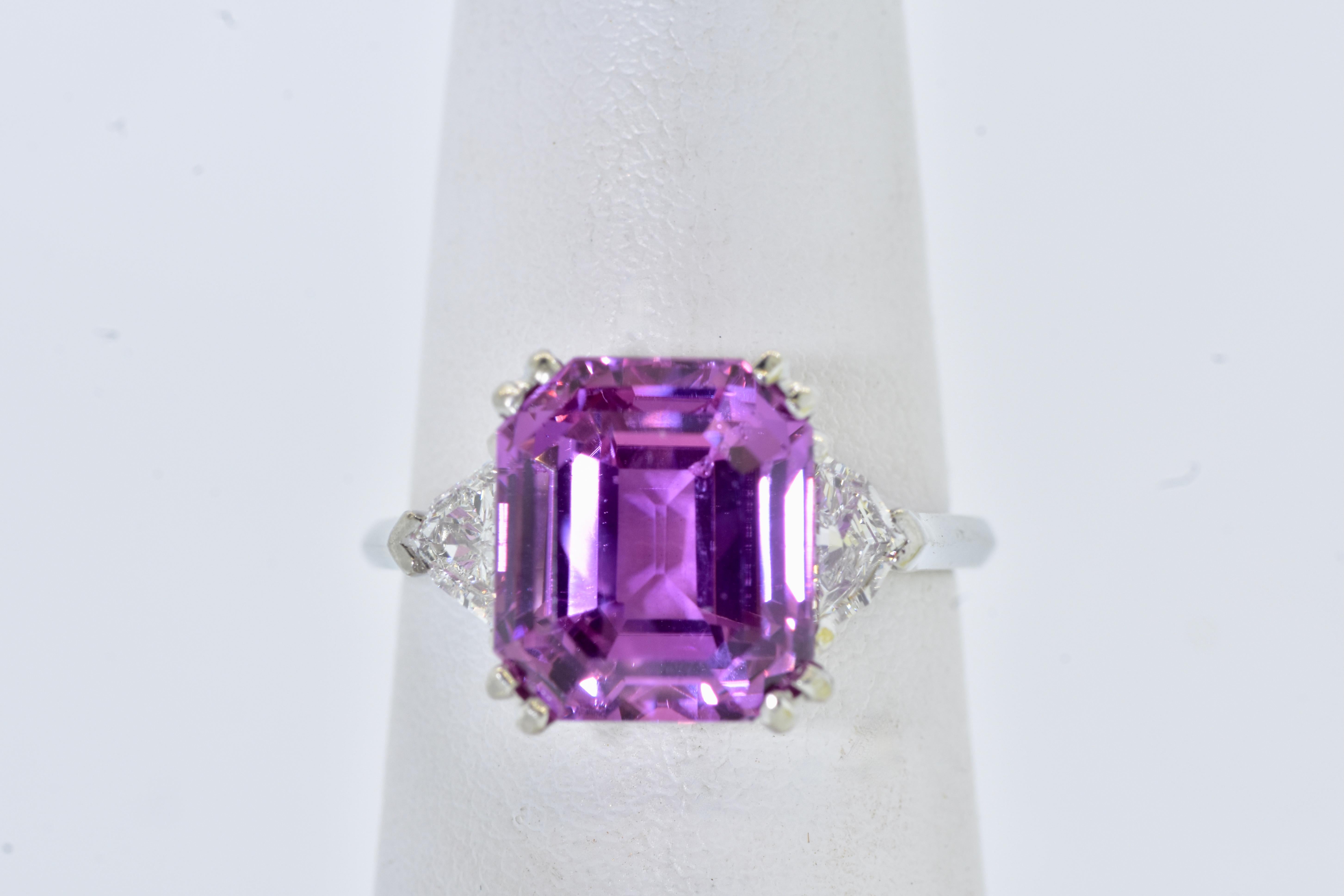 Emerald Cut GIA Graded 10.06ct Ceylon Pinkish Purple Sapphire & White Diamond Ring, 1935 For Sale