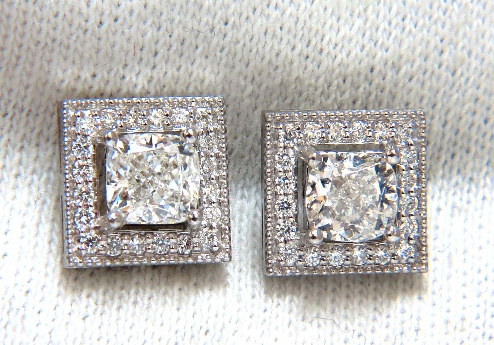 GIA Certified 1.00ct & 1.01ct Square Halo Cushion cut diamond stud earrings 14k In New Condition For Sale In New York, NY