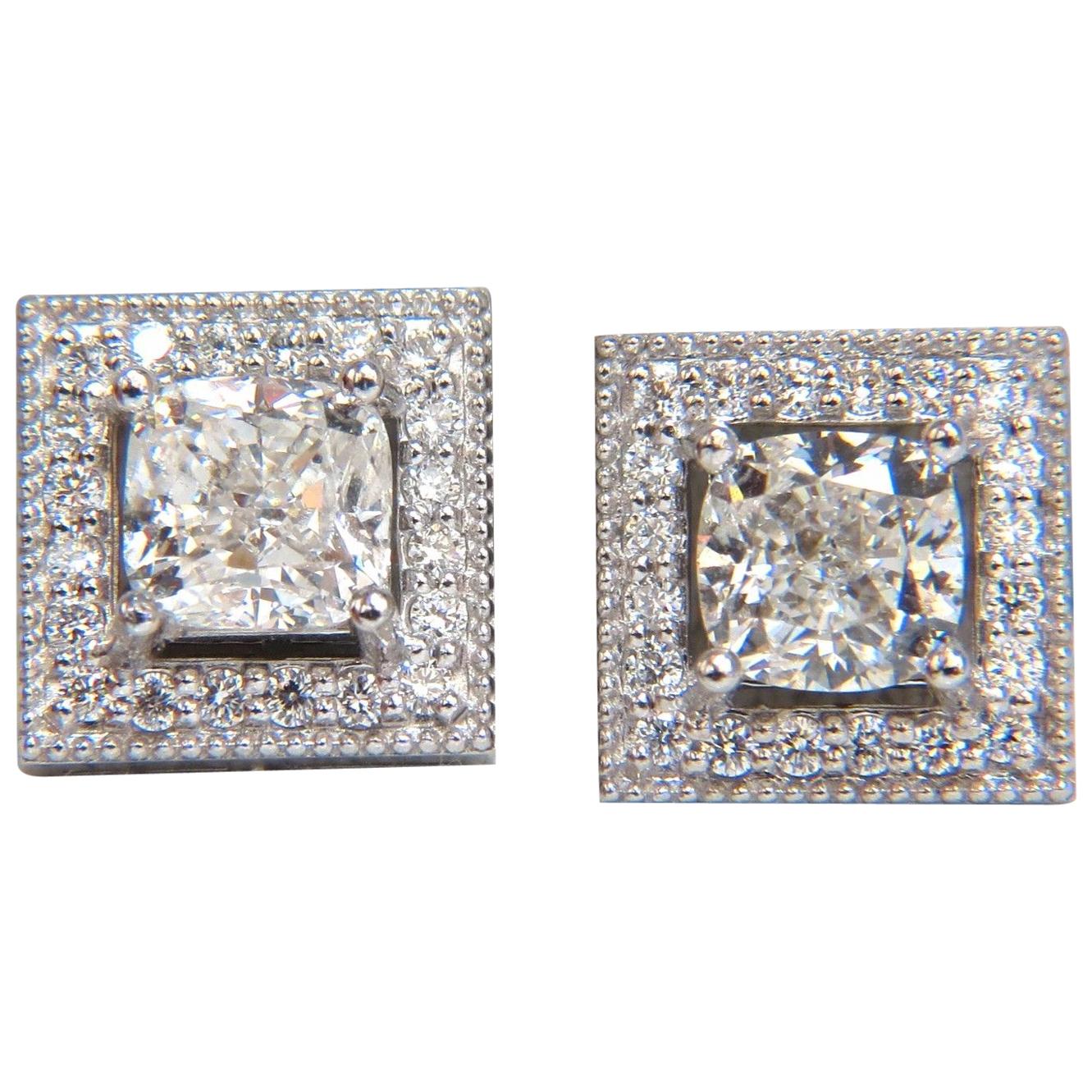 GIA Certified 1.00ct & 1.01ct Square Halo Cushion cut diamond stud earrings 14k For Sale