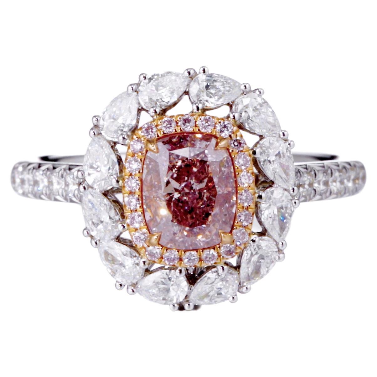 Certifié GIA, 1,00 carat  Bague en or 18KT avec diamant coussin de couleur naturelle Brown-Pink