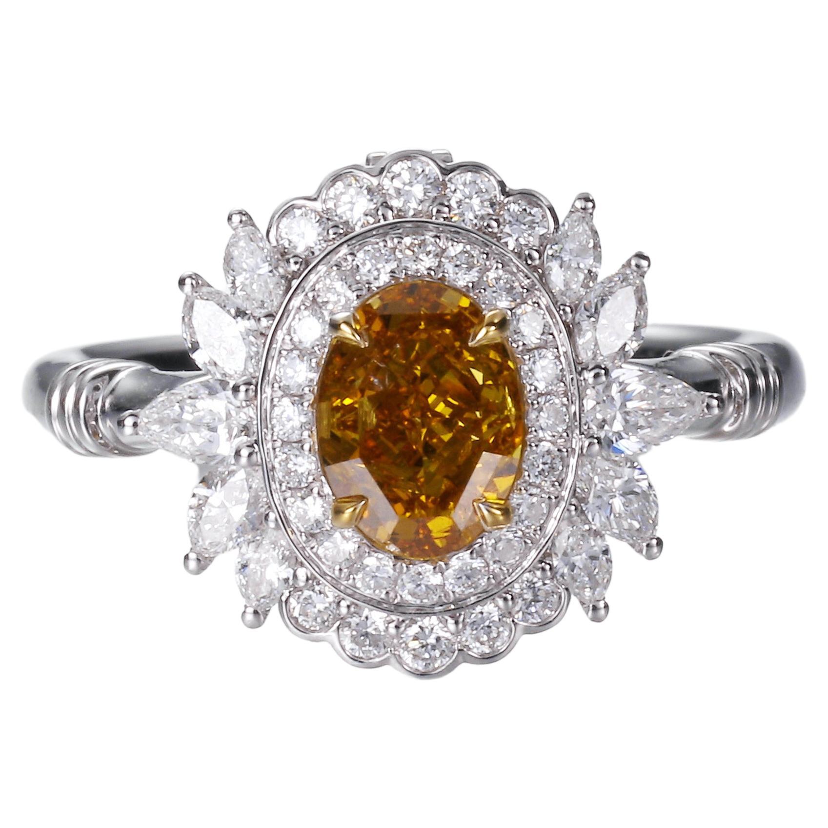 GIA Certified, 1.00ct Natural Oval Fancy Deep Yellow-Orange Diamond Ring 18k For Sale
