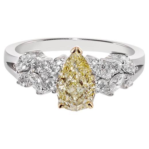 GIA Certified 1.00ct Natural Pear Cut Fancy Light Yellow Diamond White Gold Ring