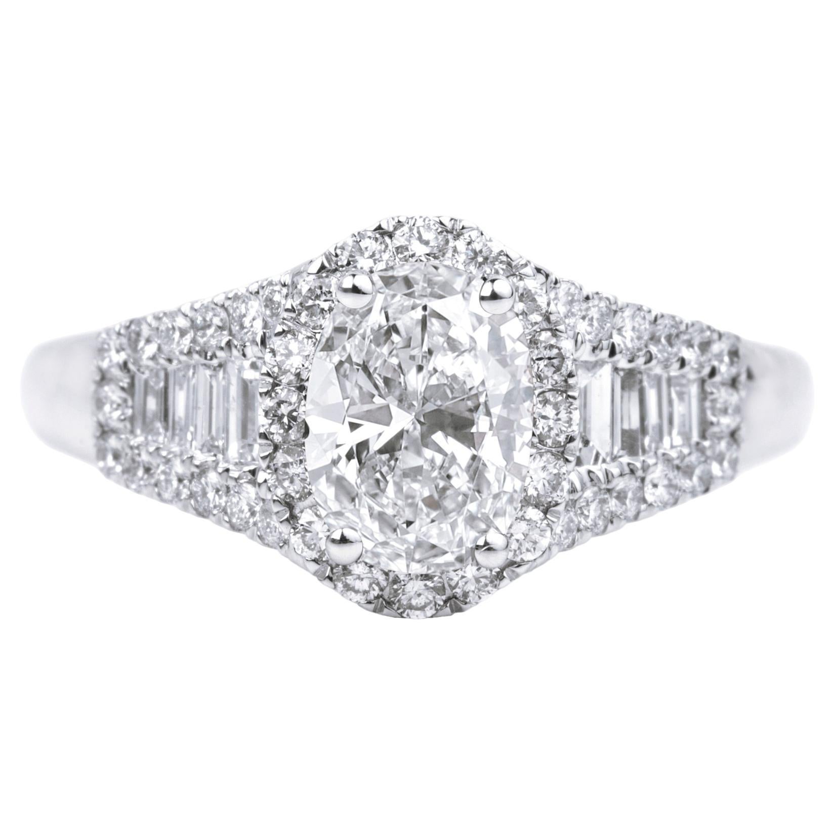 GIA-Certified 1.00ct Oval-Cut Diamond Halo Ring in 18K White Gold with Baguettes