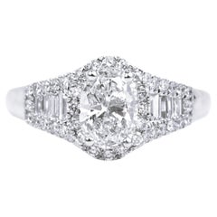 GIA-Certified 1.00ct Oval-Cut Diamond Halo Ring in 18K White Gold with Baguettes