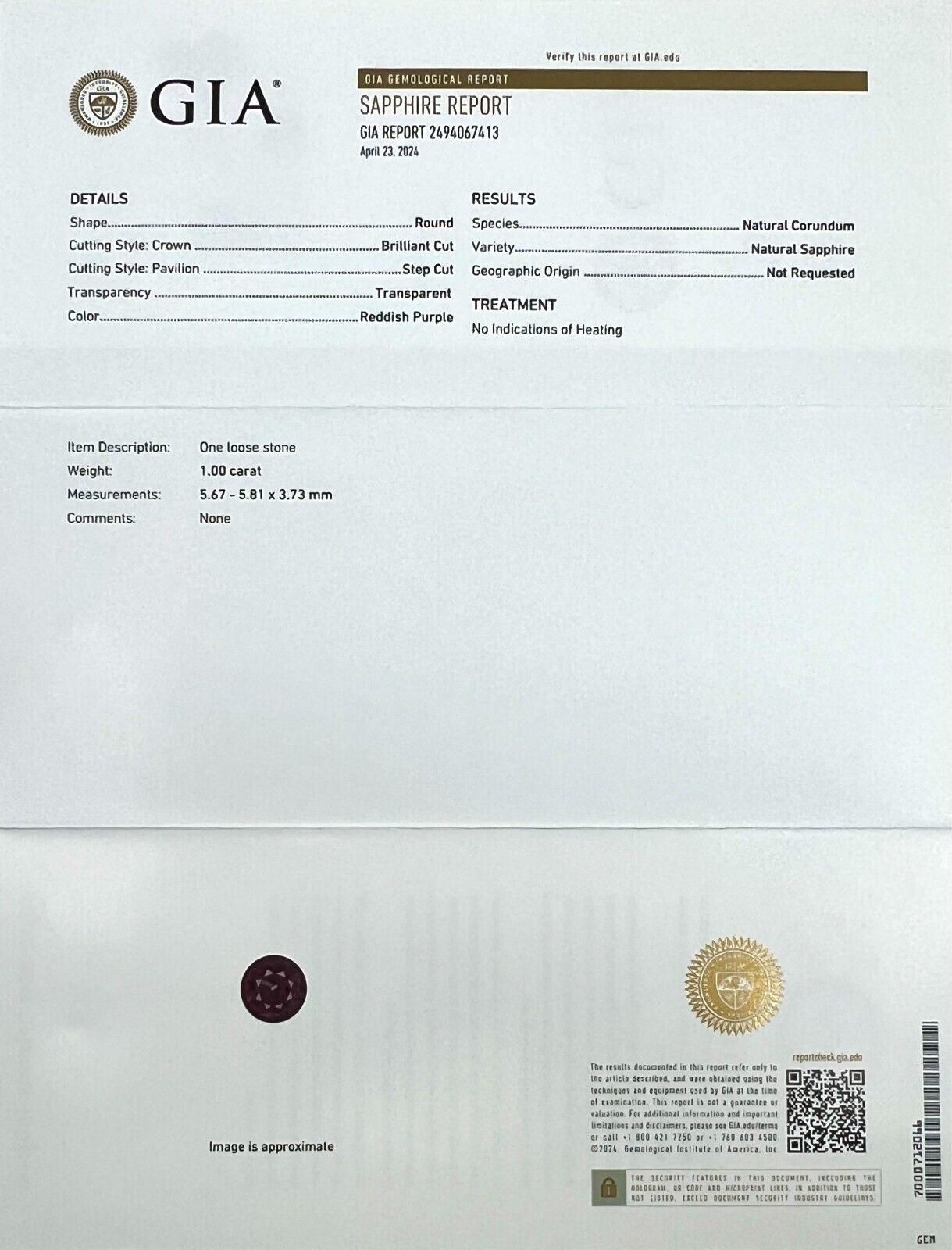 Gia Certified 1.00ct Red Purple Sapphire Natural Untreated Round Cut Rare Gem In New Condition For Sale In Birmingham, GB