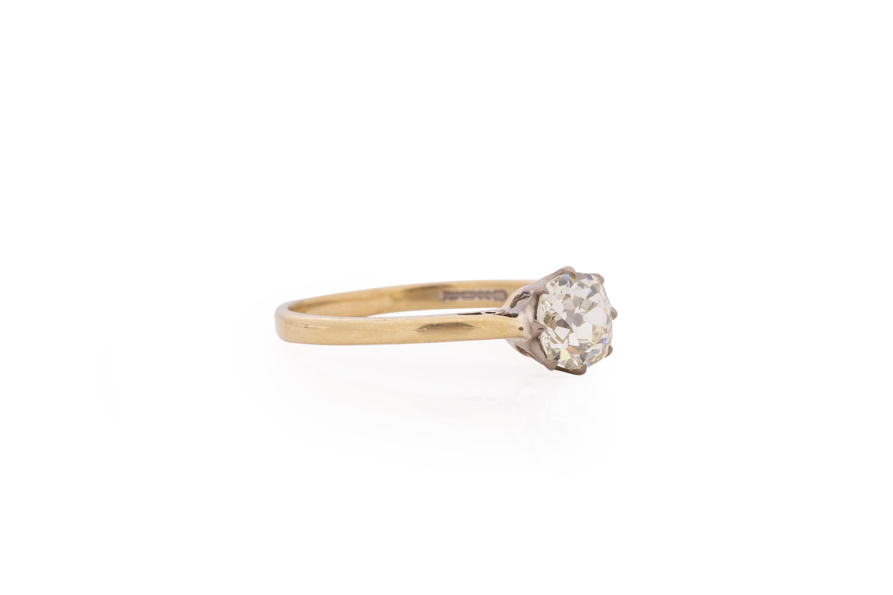 Item Details: 
Ring Size: 8.5
Metal Type: 18 Karat Yellow Gold & Platinum [Hallmarked, and Tested]
Weight: 2.6 grams

Center Diamond Details:
GIA REPORT #: 2215394250
Weight: 1.01
Cut: (Antique Cushion) Old Mine Brilliant
Color: Light Yellow