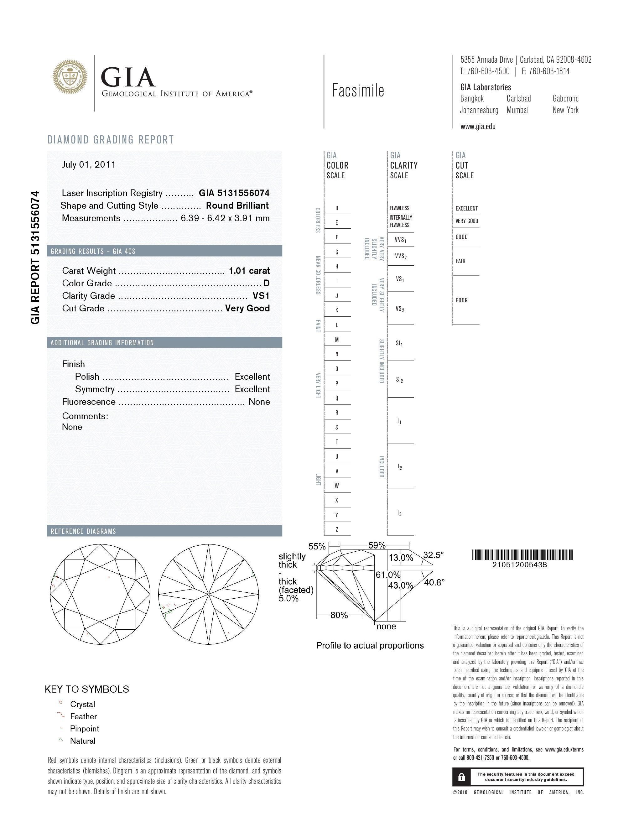 1.01 Round Brilliant Cut Loose Diamond
GIA certified 
D/ VS1 
Grade Cut : Very Good 
Polish: EX
Symm: EX
Depth: 61
Stone Table: 59