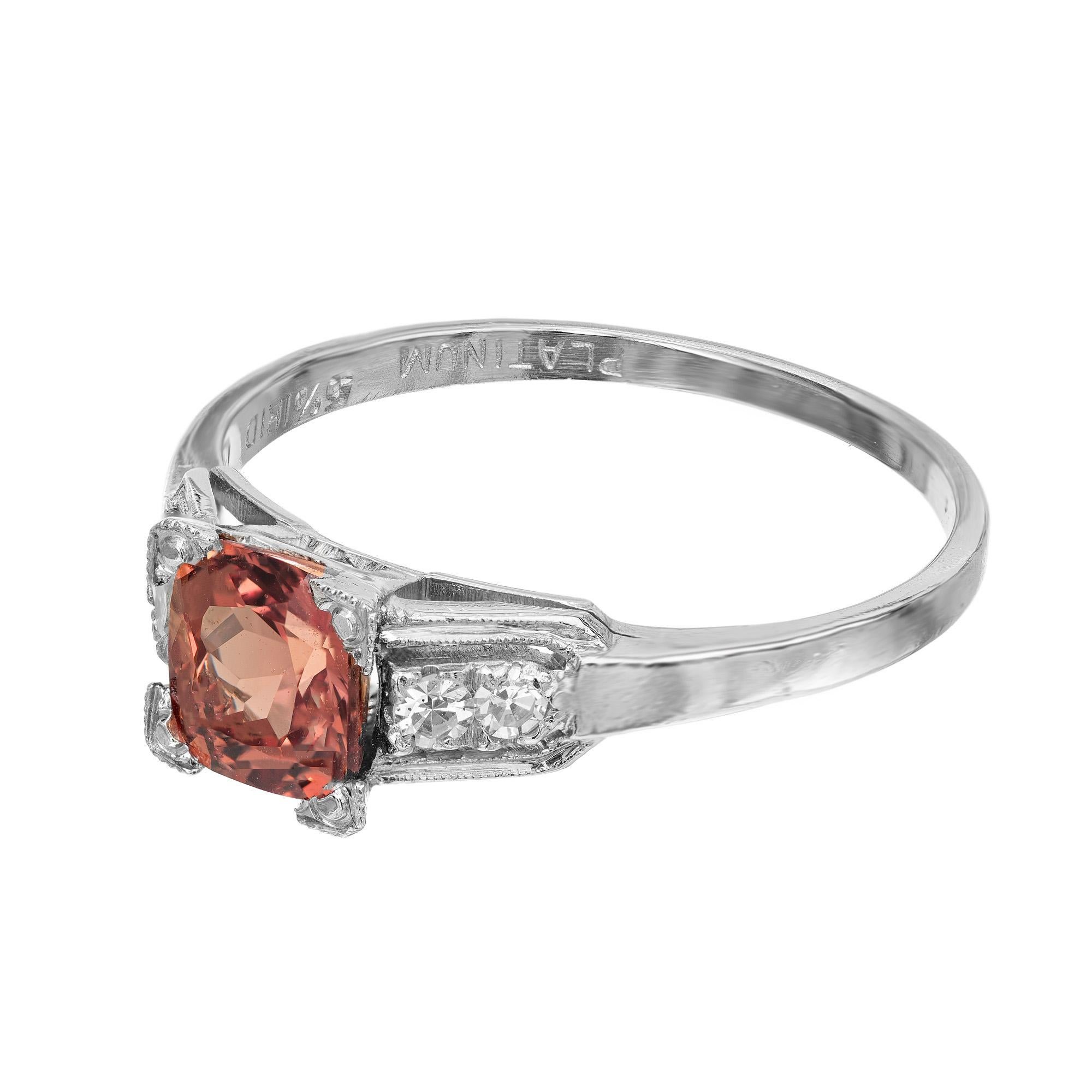 Cushion Cut GIA Certified 1.01 Carat Brown Orange Sapphire Diamond Platinum Engagement Ring For Sale