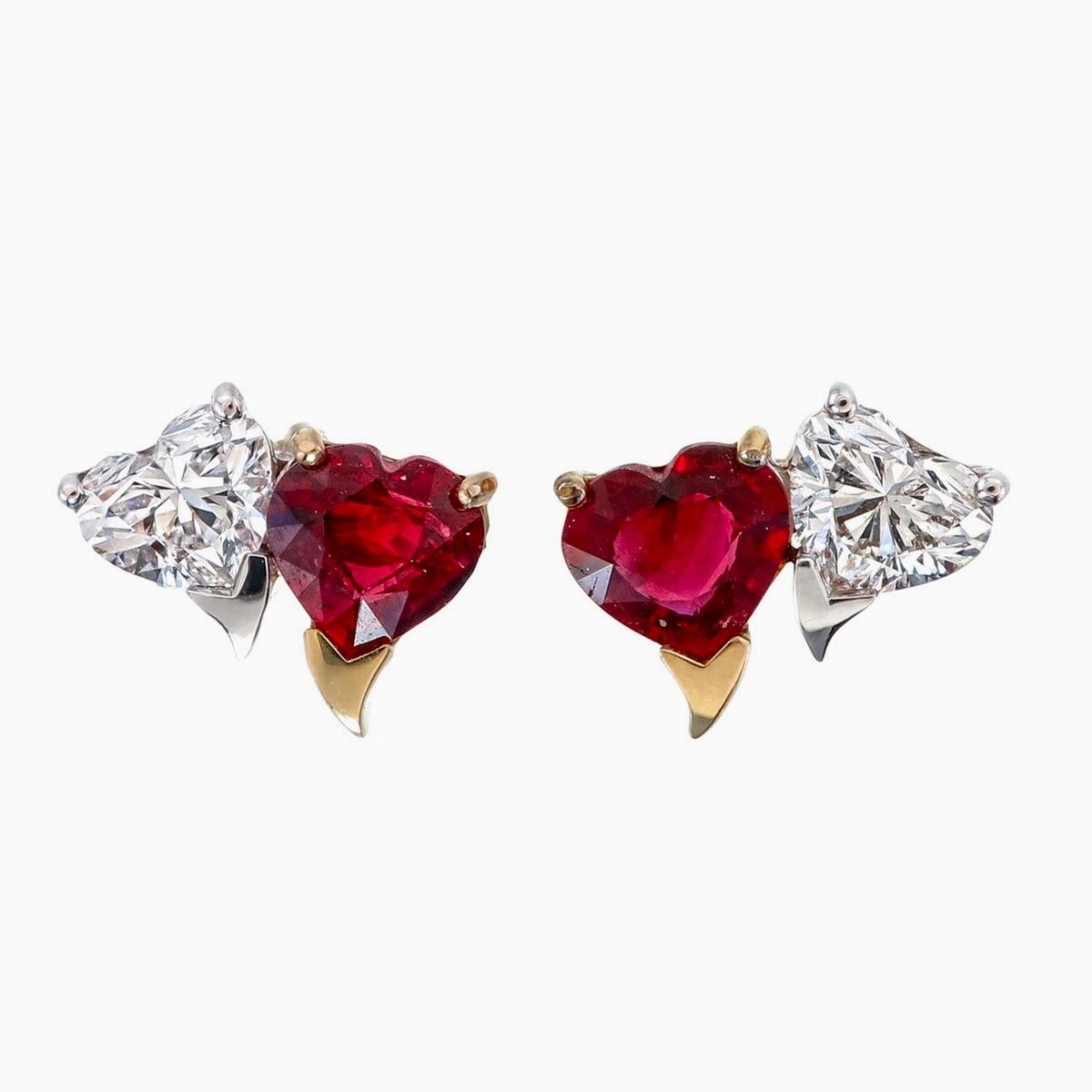 Heart Cut GIA Certified 1.01 Carat Burma Pigeon Blood No Heat Ruby and Diamond Earrings For Sale