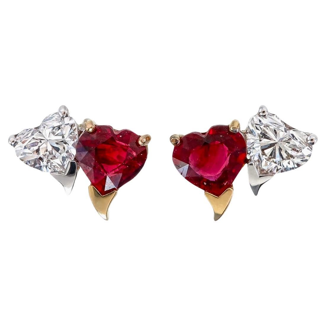 GIA Certified 1.01 Carat Burma Pigeon Blood No Heat Ruby and Diamond Earrings