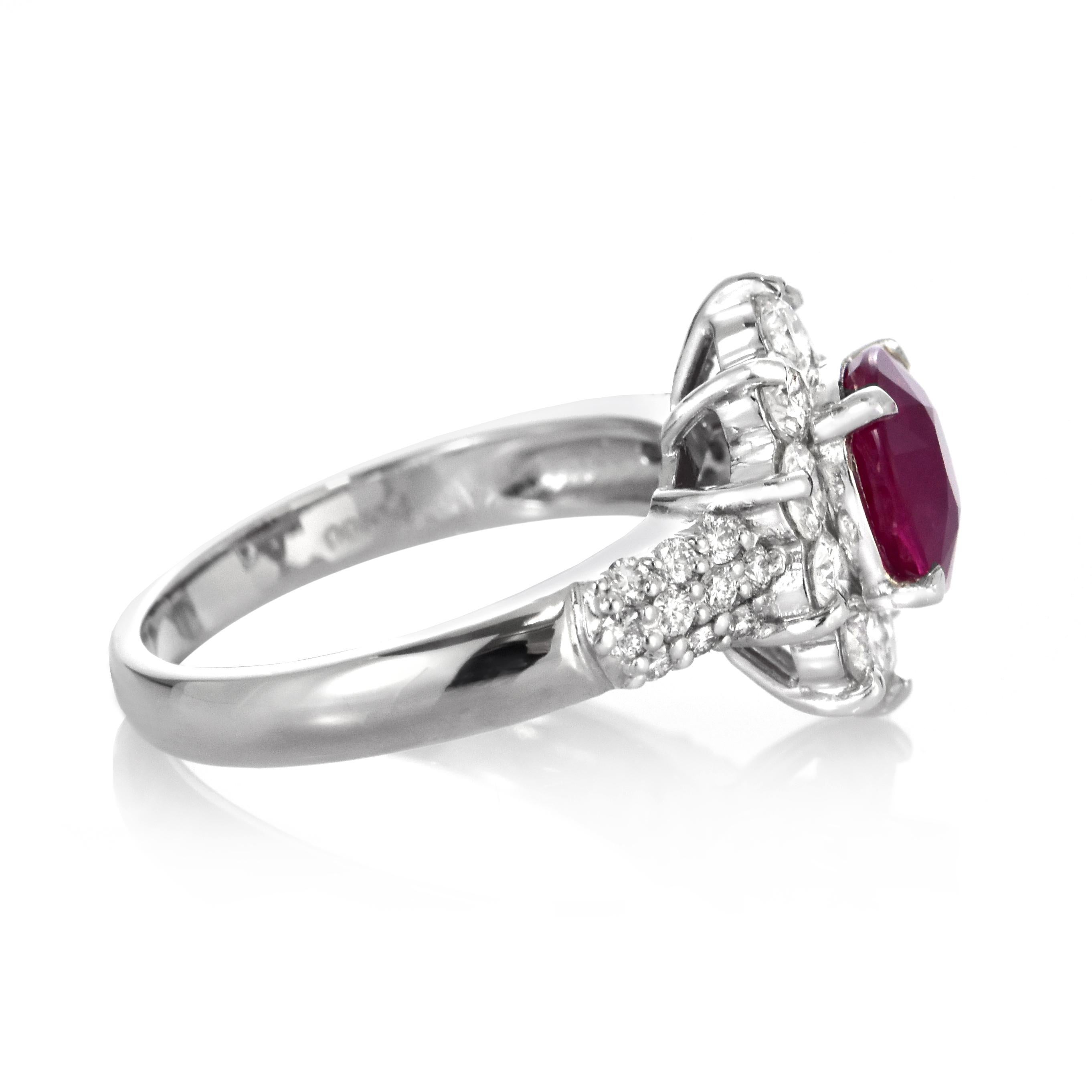 GIA Certified 2.08 Carat Burmese, Pigeon Blood Color Ruby Ring Made in Platinum For Sale 4